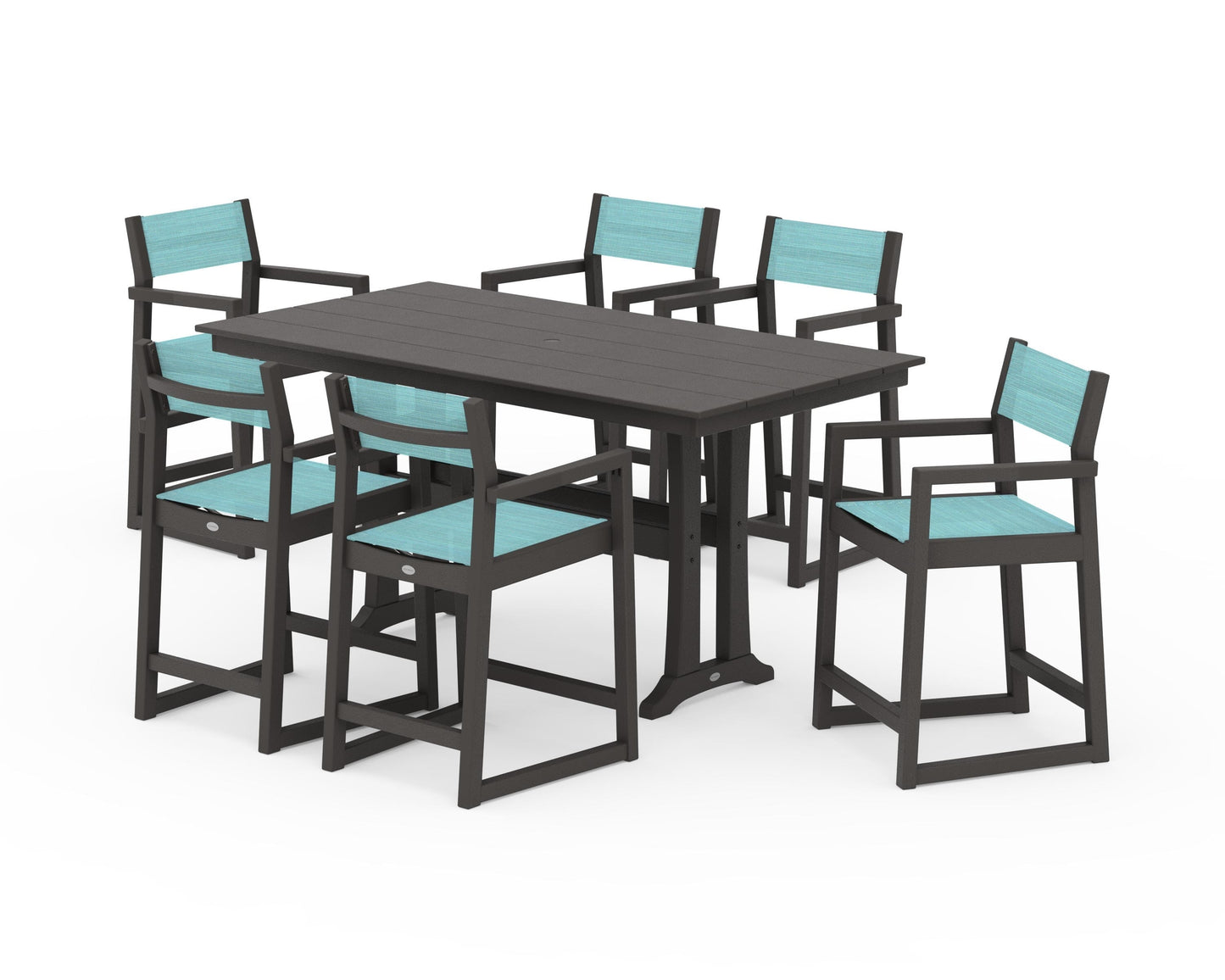 EDGE Sling Arm Chair 7-Piece Farmhouse Counter Set with Trestle Legs