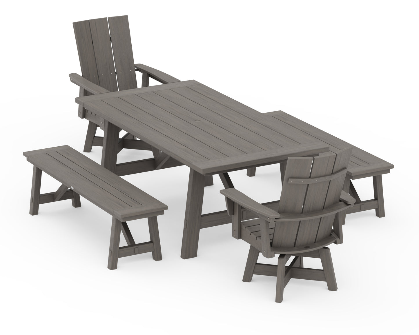 Modern Curveback Adirondack Swivel Chair 5-Piece Rustic Farmhouse Dining Set With Benches