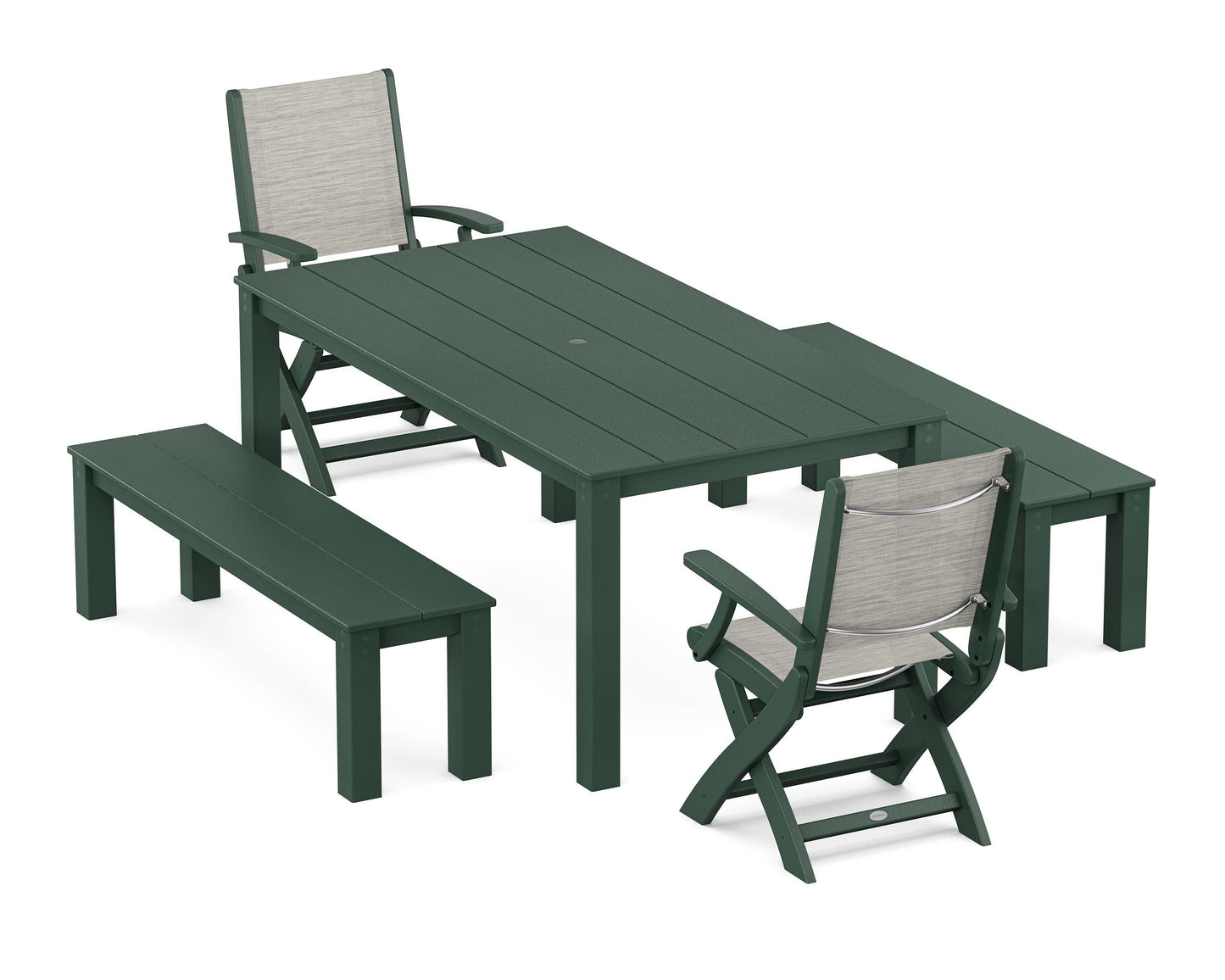 Coastal Folding Chair 5-Piece Parsons Dining Set with Benches