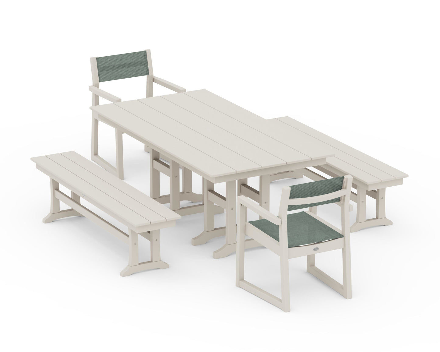 EDGE Sling Arm Chair 5-Piece Farmhouse Dining Set with Benches