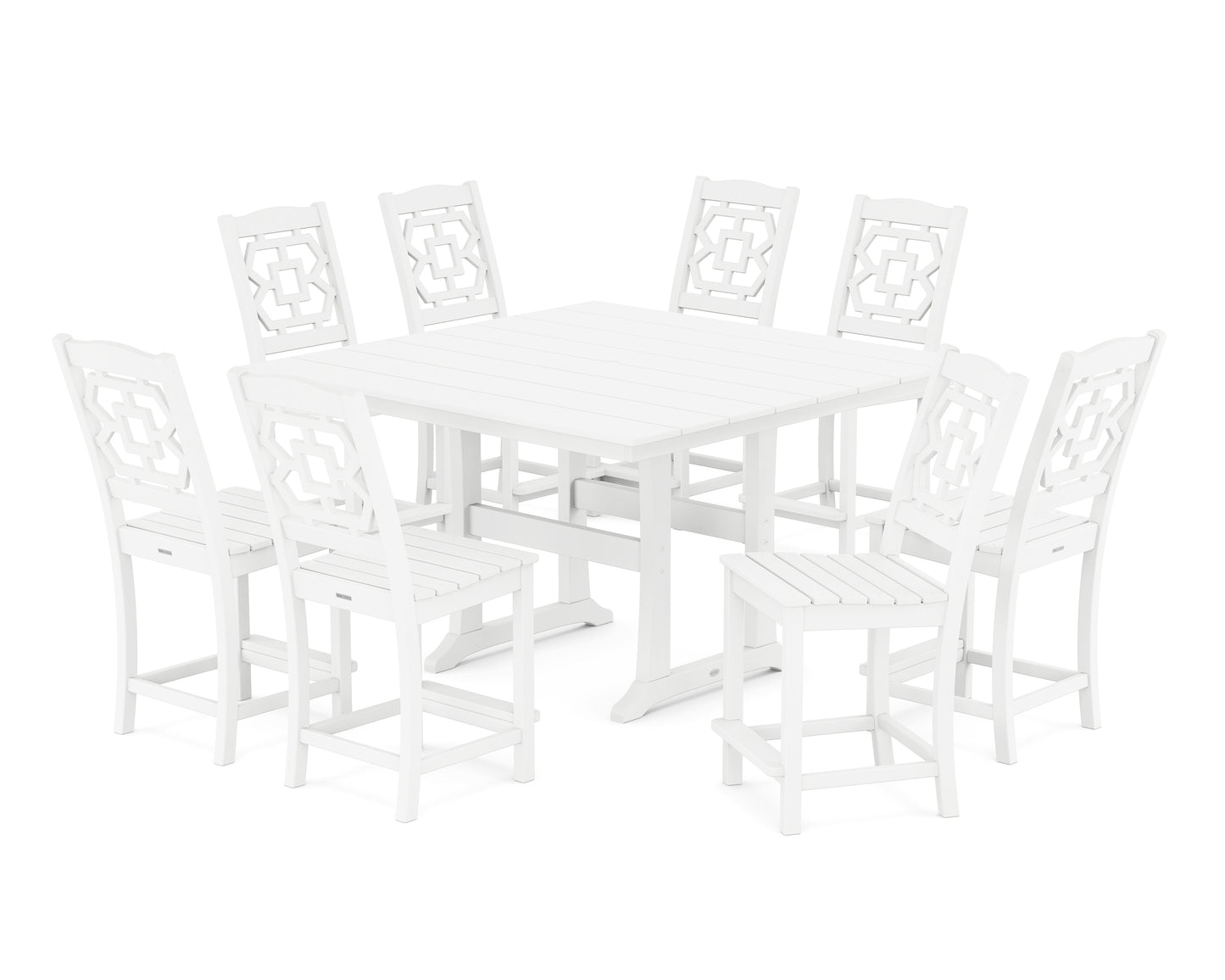 Chinoiserie 9-Piece Square Farmhouse Side Chair Counter Set with Trestle Legs