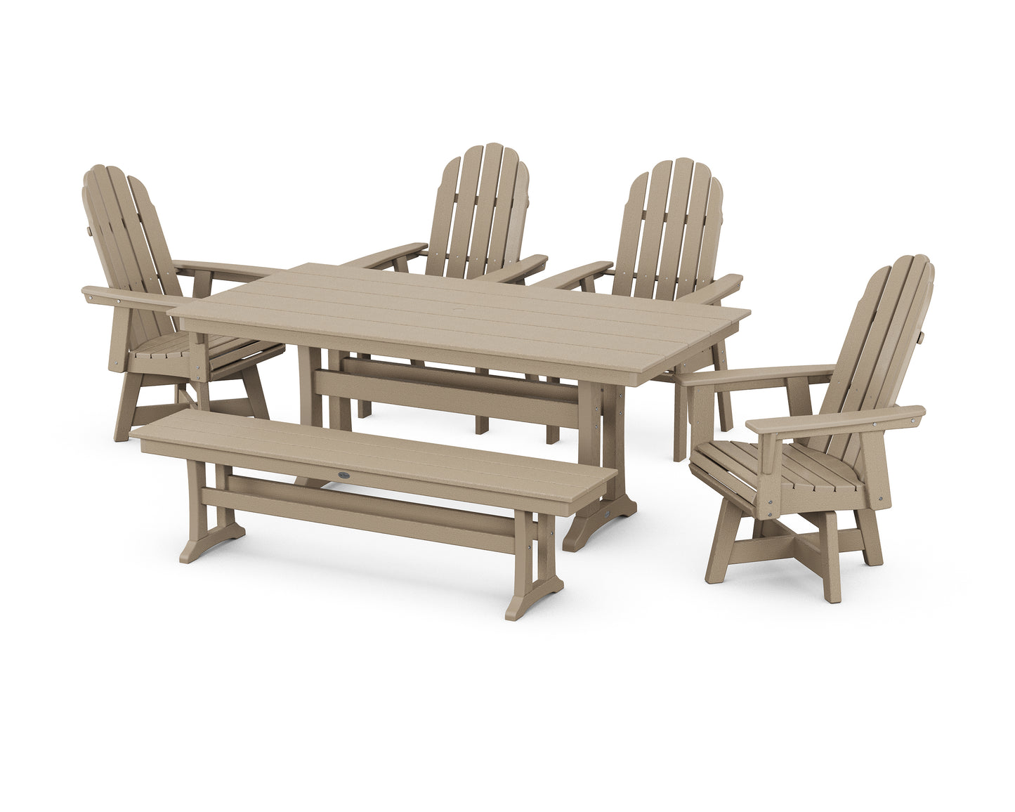 Vineyard Curveback Adirondack 6-Piece Swivel Chair Farmhouse Dining Set with Trestle Legs and Bench