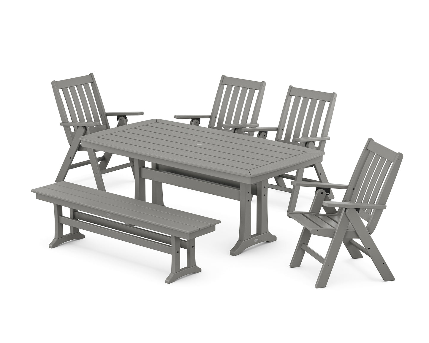 Vineyard Folding Chair 6-Piece Dining Set with Trestle Legs and Bench