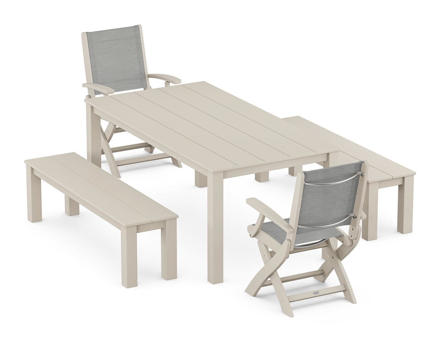 Coastal Folding Chair 5-Piece Parsons Dining Set with Benches