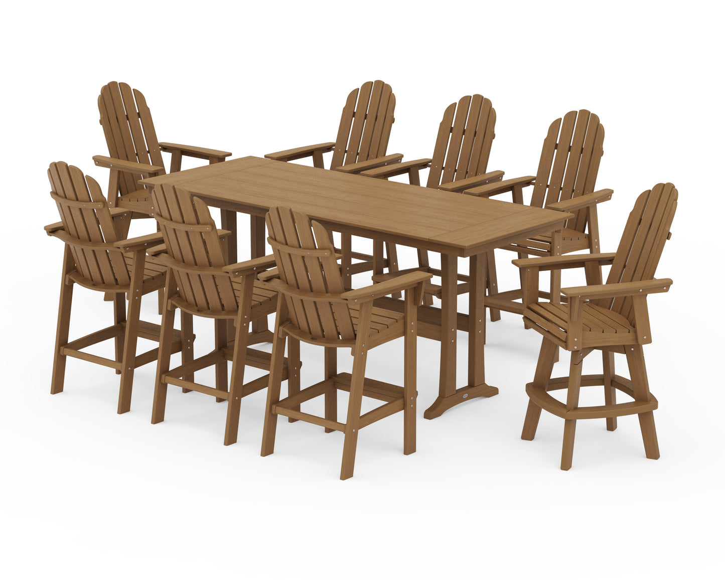 Vineyard Curveback Adirondack Swivel 9-Piece Farmhouse Bar Set with Trestle Legs