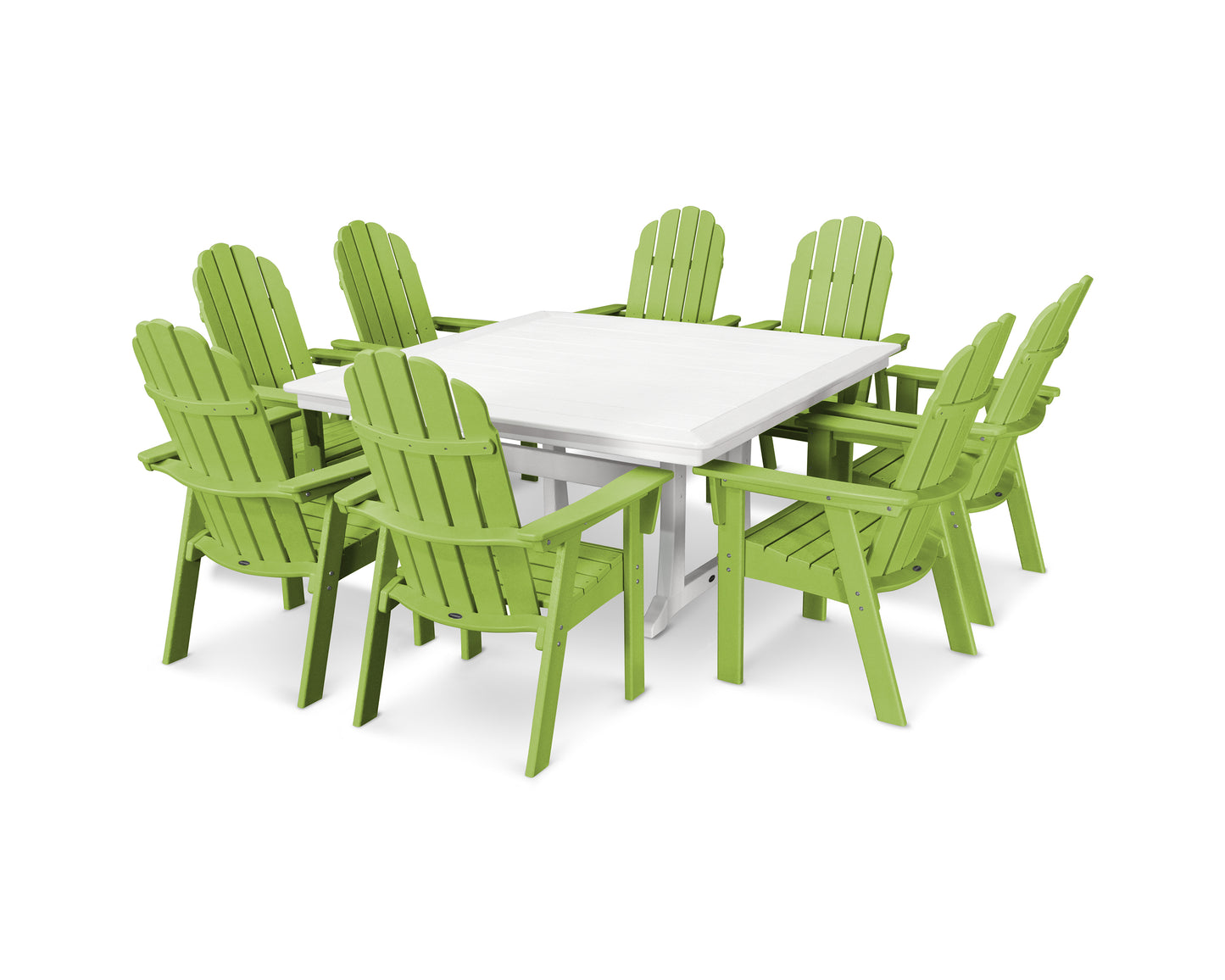 Vineyard Curveback Adirondack 9-Piece Nautical Trestle Dining Set