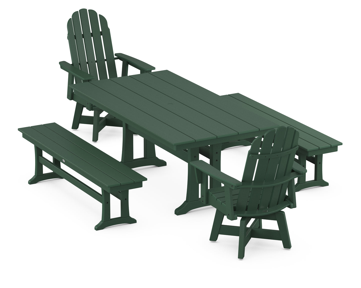 Vineyard Curveback Adirondack Swivel Chair 5-Piece Farmhouse Dining Set With Trestle Legs and Benches