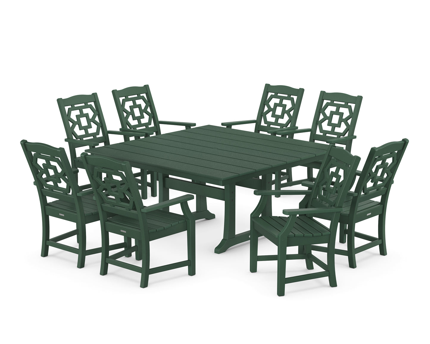 Chinoiserie 9-Piece Square Farmhouse Dining Set with Trestle Legs