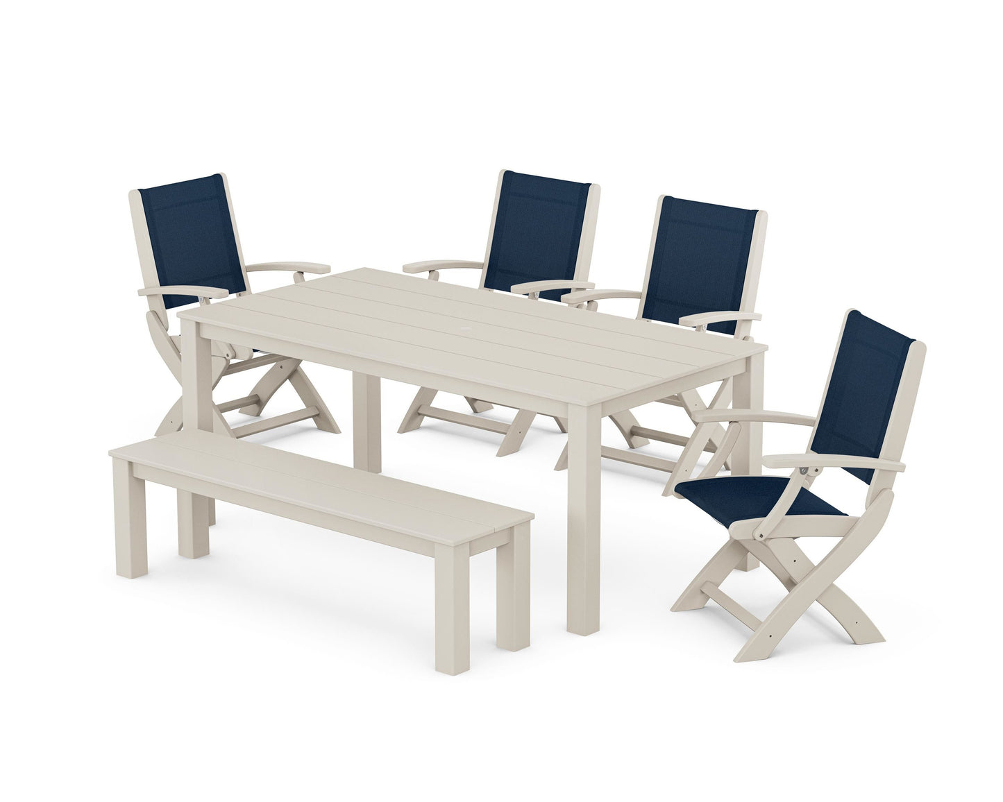 Coastal Folding Chair 6-Piece Parsons Dining Set with Bench