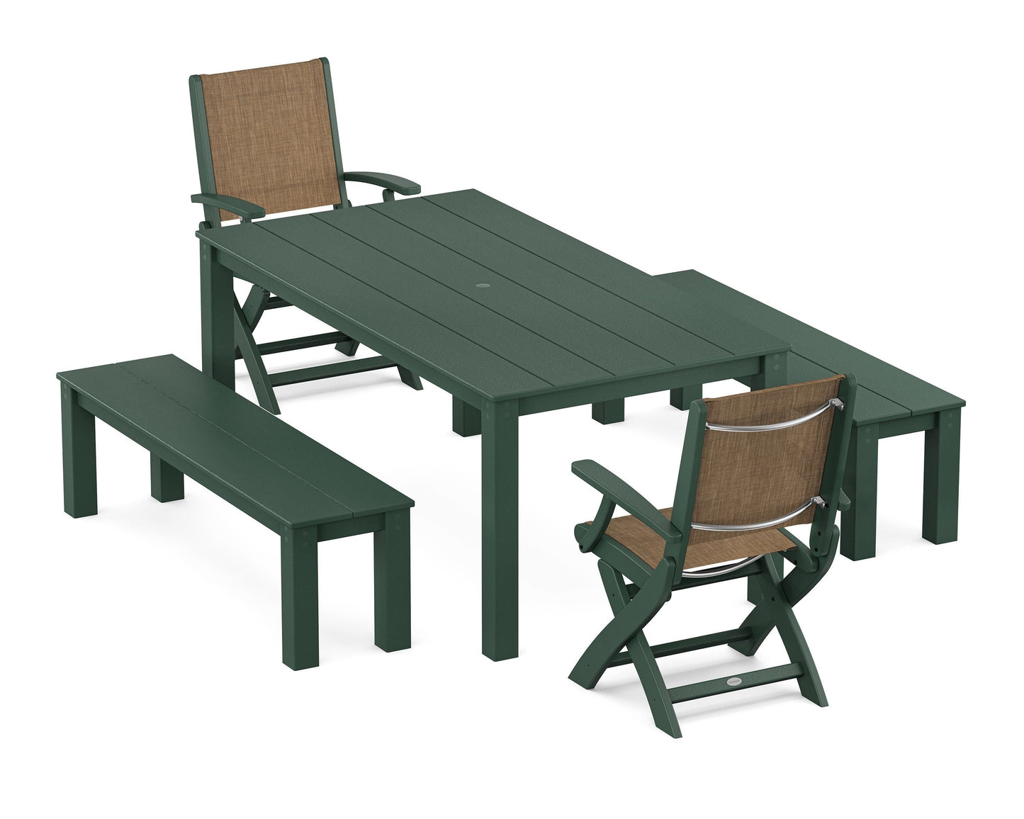 Coastal Folding Chair 5-Piece Parsons Dining Set with Benches