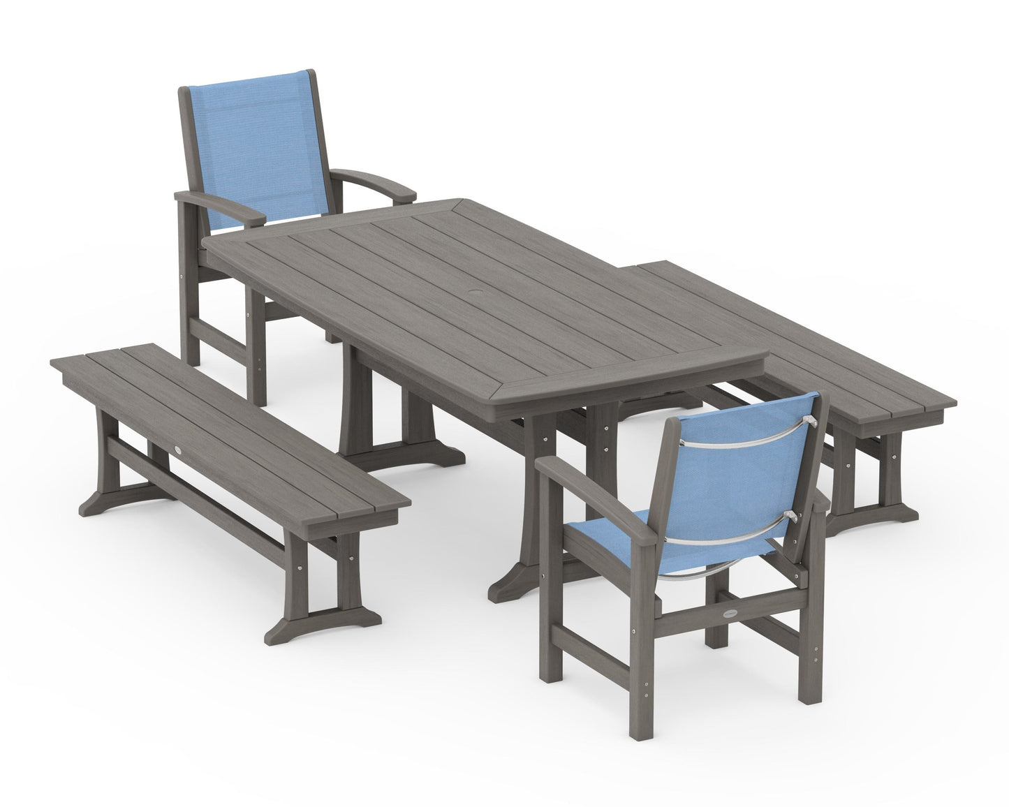 Coastal 5-Piece Dining Set with Trestle Legs and Benches