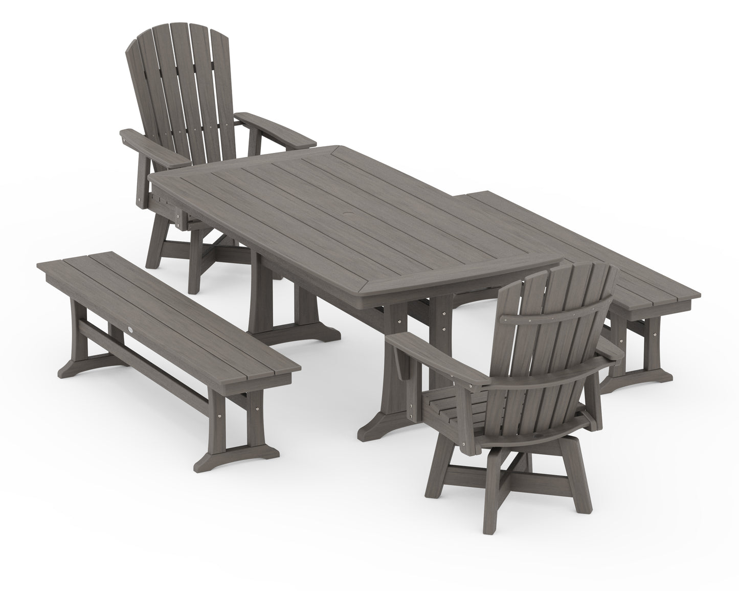 Nautical Curveback Adirondack Swivel Chair 5-Piece Dining Set with Trestle Legs and Benches
