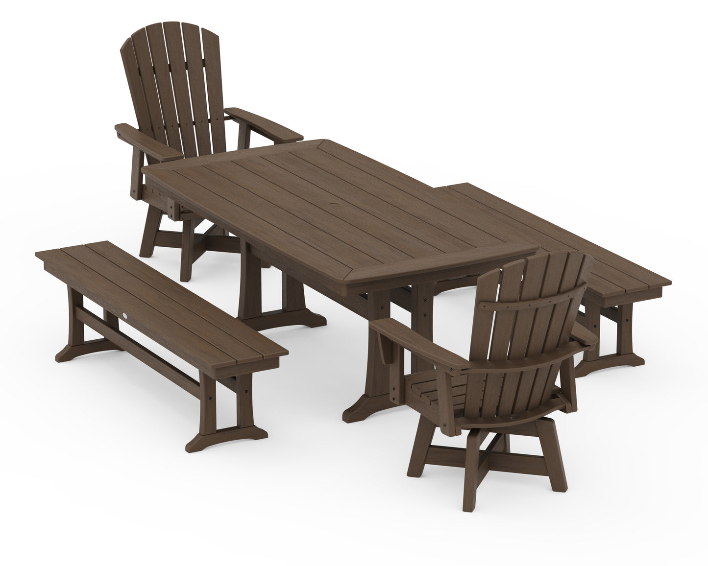 Nautical Curveback Adirondack Swivel Chair 5-Piece Dining Set with Trestle Legs and Benches