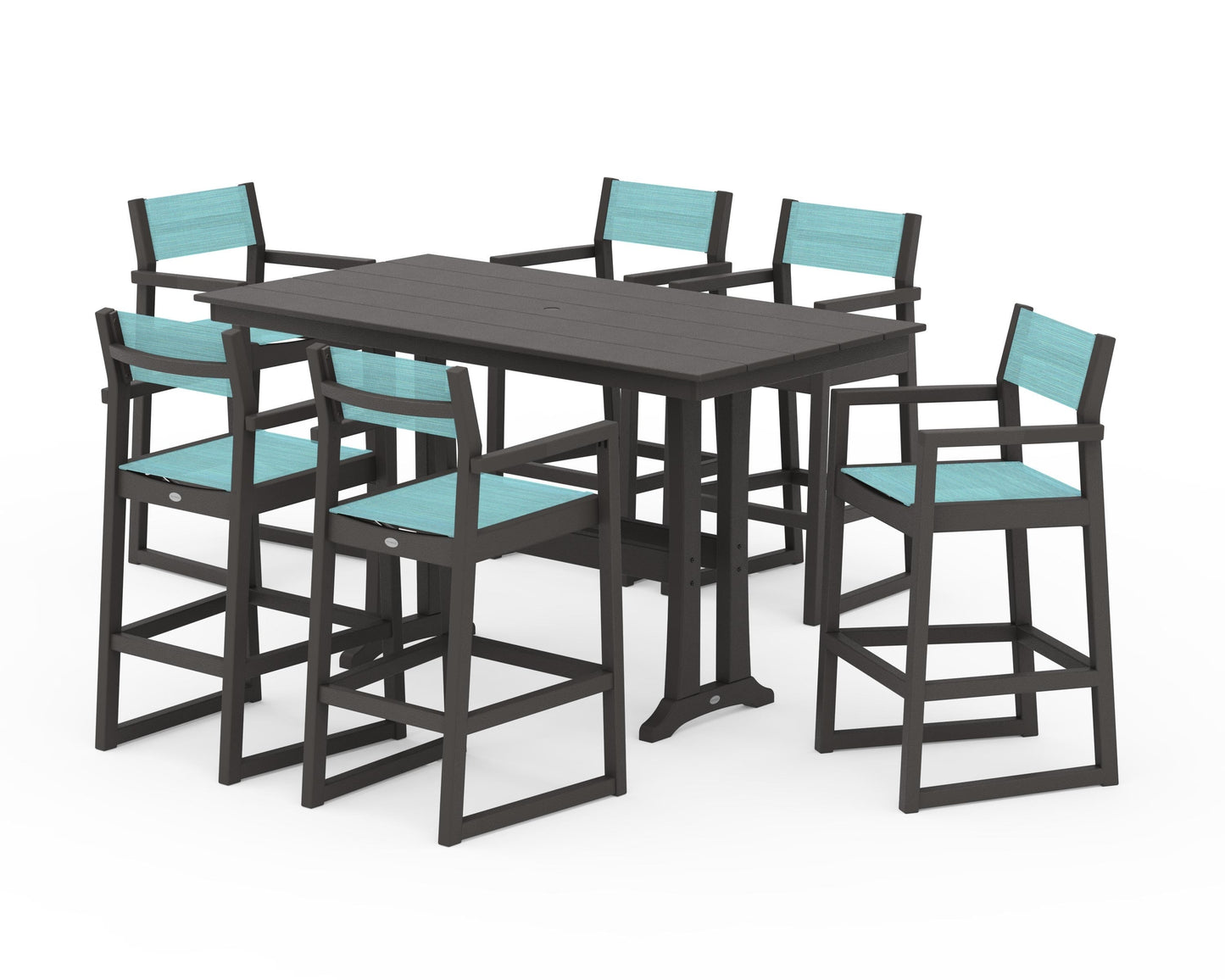 EDGE Sling Arm Chair 7-Piece Farmhouse Bar Set with Trestle Legs