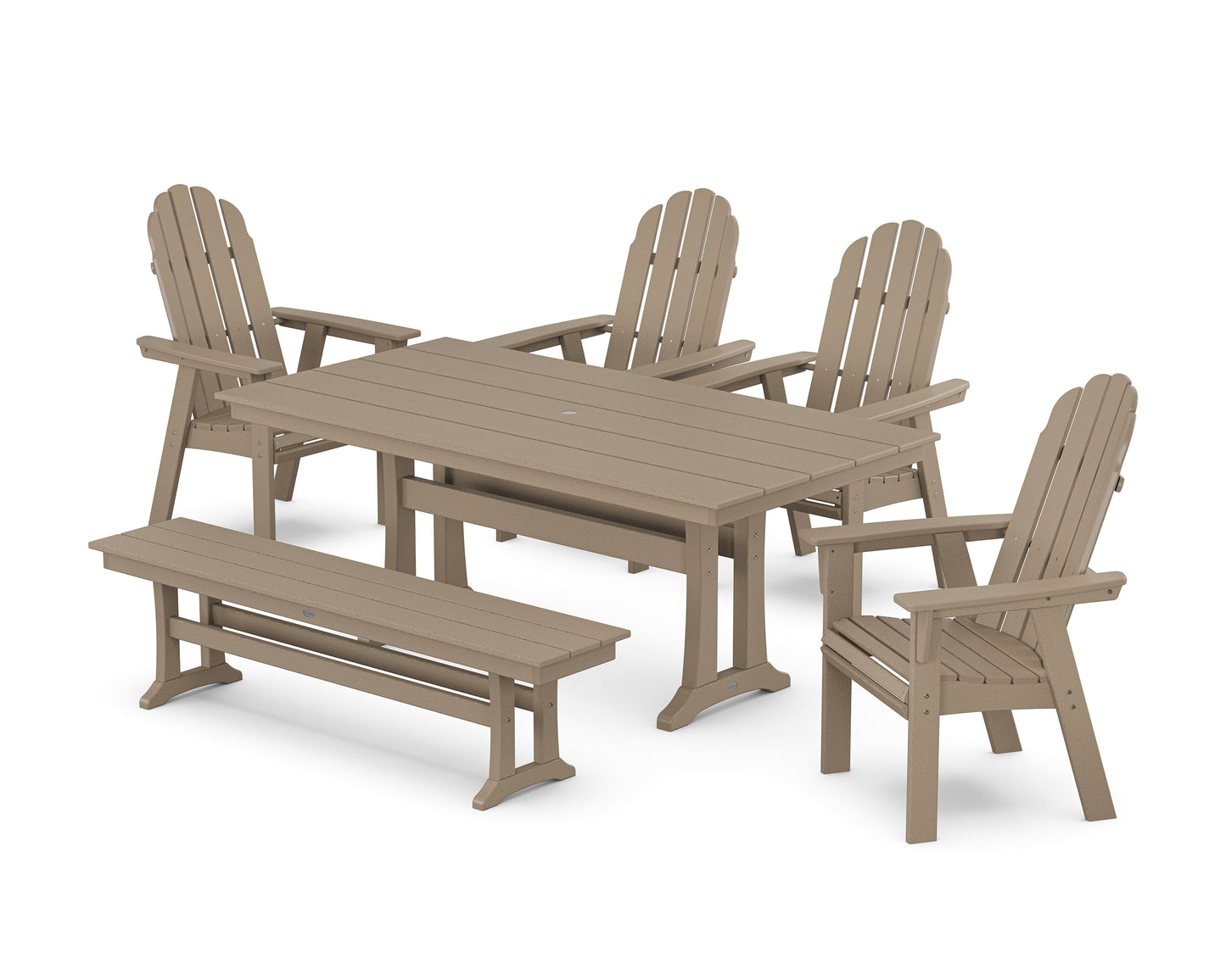 Vineyard Curveback Adirondack Chair 6-Piece Farmhouse Dining Set with Trestle Legs and Bench