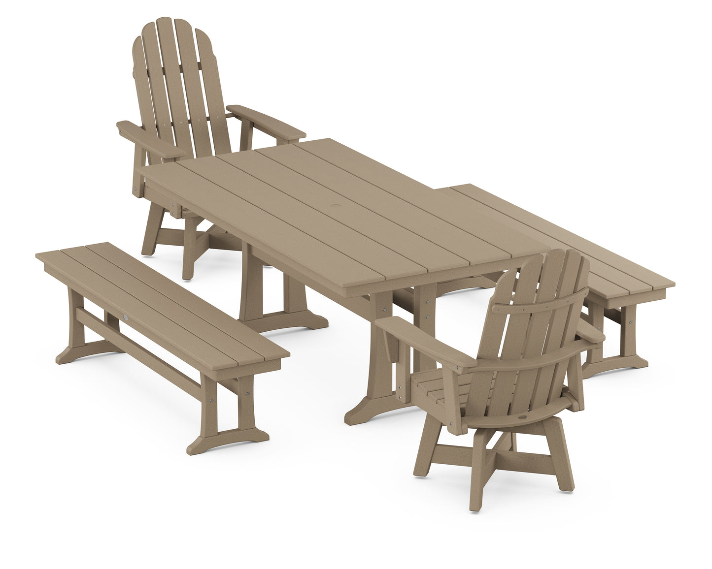 Vineyard Curveback Adirondack Swivel Chair 5-Piece Farmhouse Dining Set With Trestle Legs and Benches