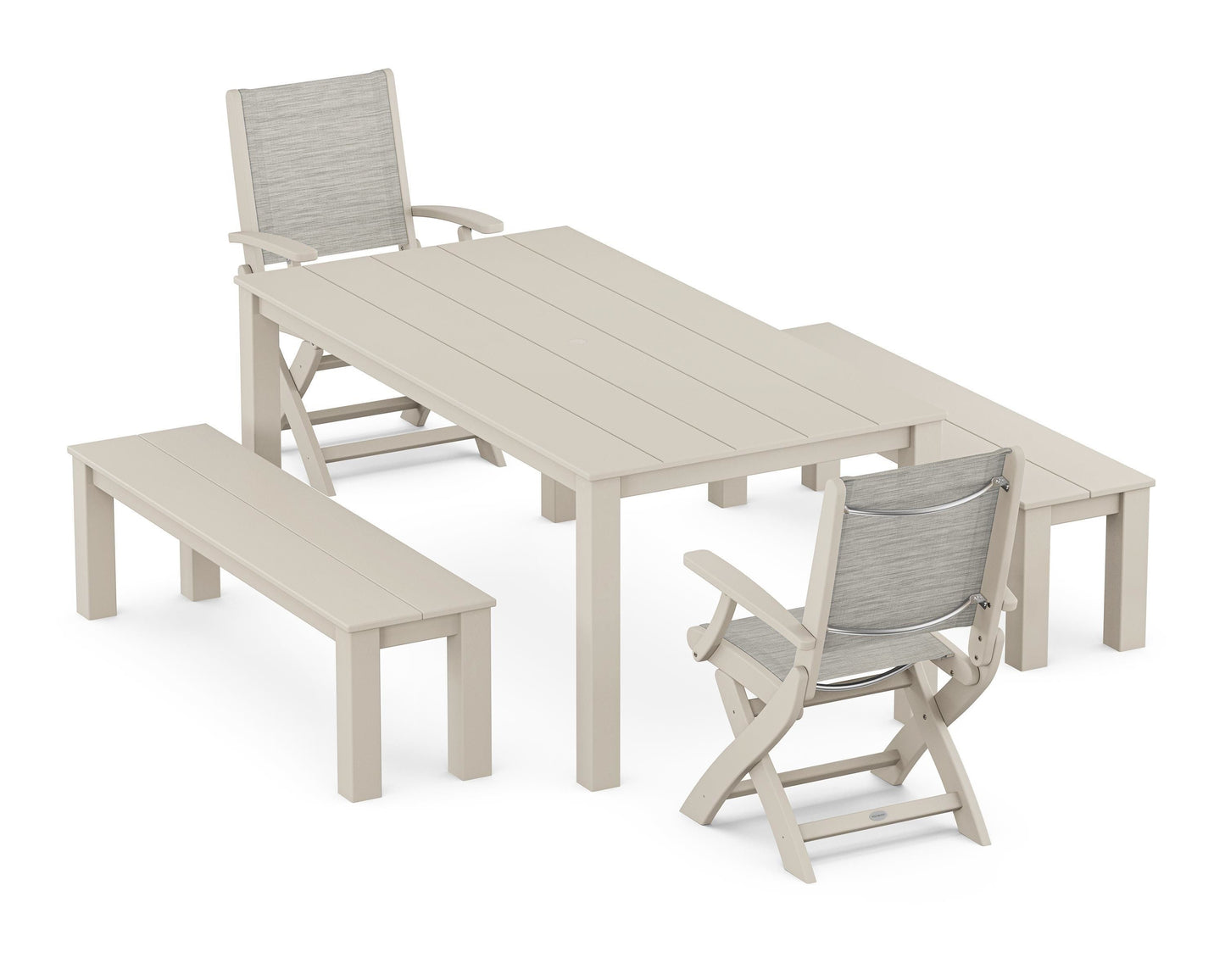 Coastal Folding Chair 5-Piece Parsons Dining Set with Benches