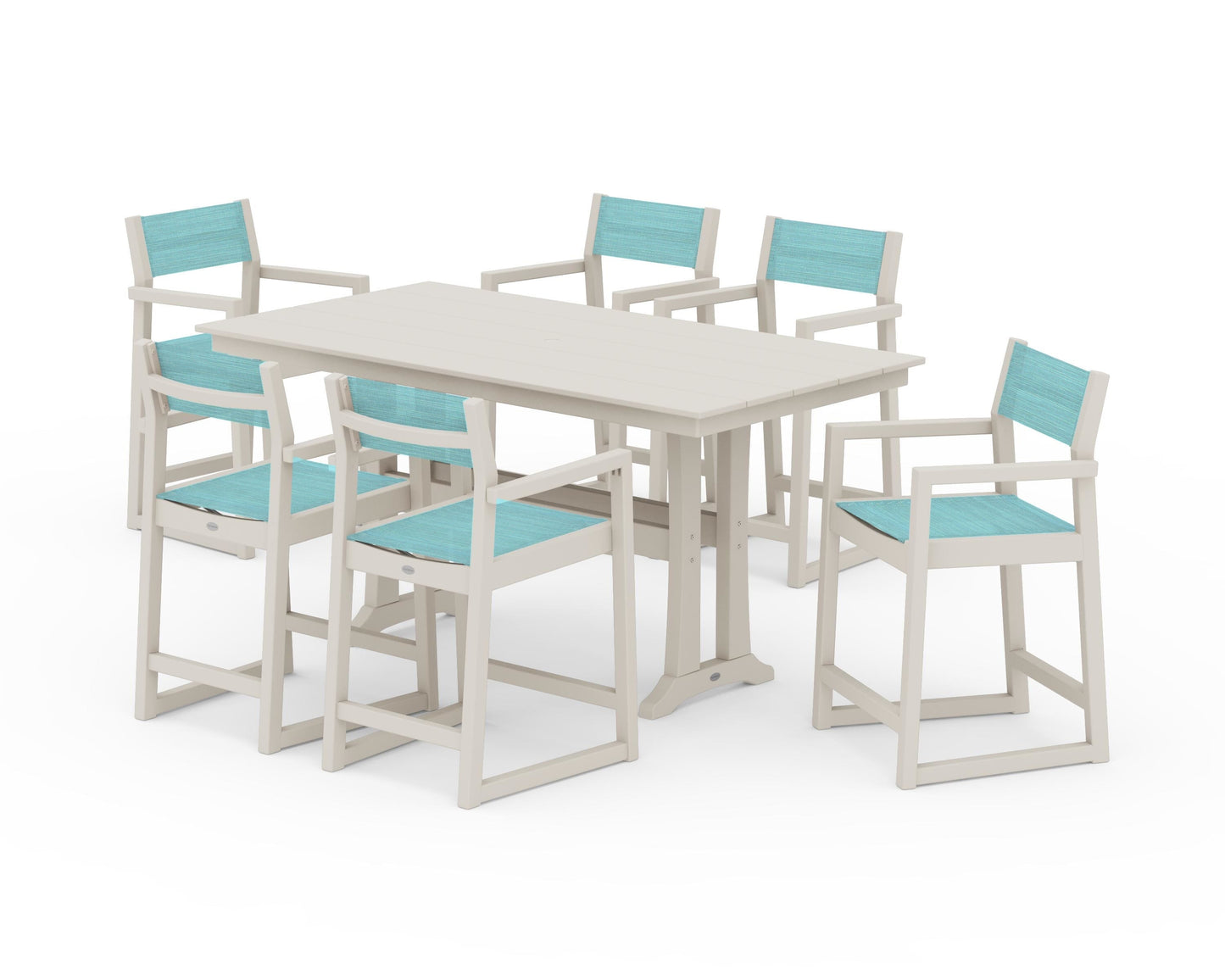 EDGE Sling Arm Chair 7-Piece Farmhouse Counter Set with Trestle Legs