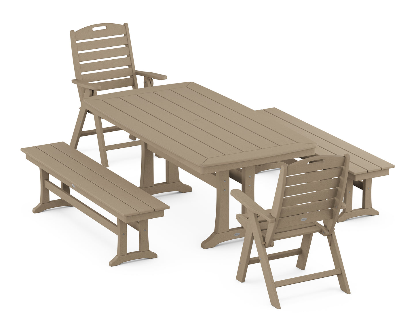 Nautical Folding Highback Chair 5-Piece Dining Set with Trestle Legs and Benches