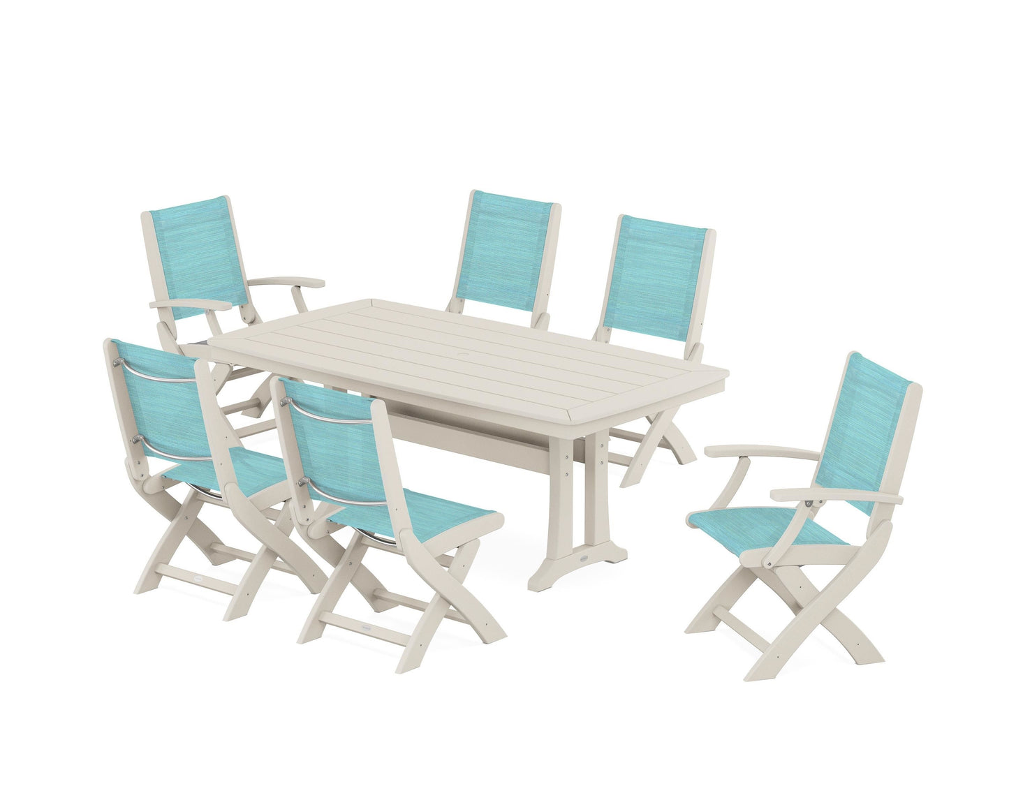 Coastal Folding Chair 7-Piece Dining Set with Trestle Legs