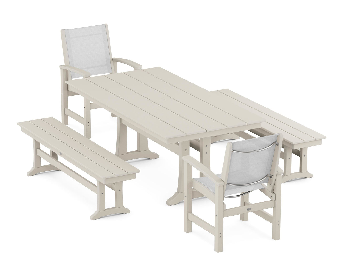 Coastal 5-Piece Farmhouse Dining Set with Trestle Legs and Benches