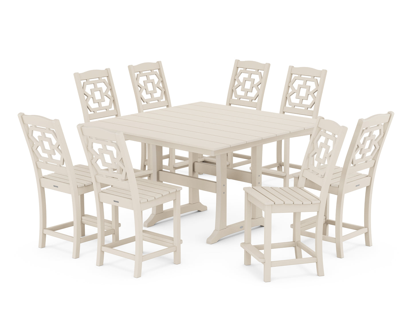 Chinoiserie 9-Piece Square Farmhouse Side Chair Counter Set with Trestle Legs