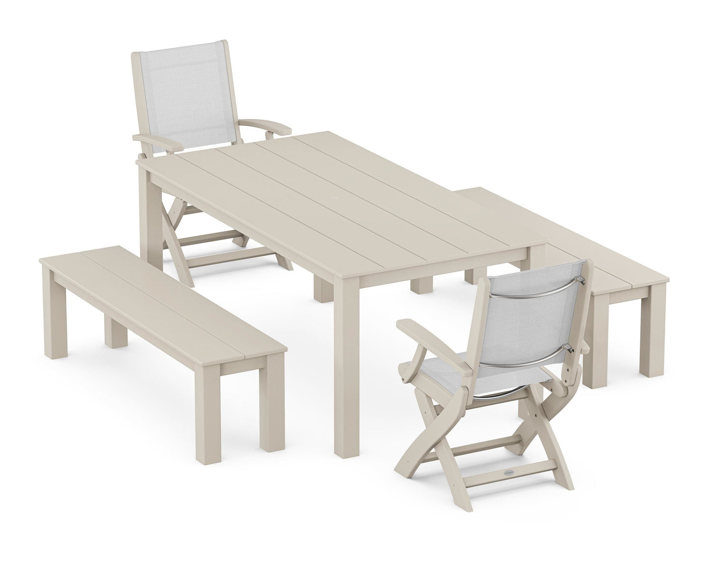 Coastal Folding Chair 5-Piece Parsons Dining Set with Benches
