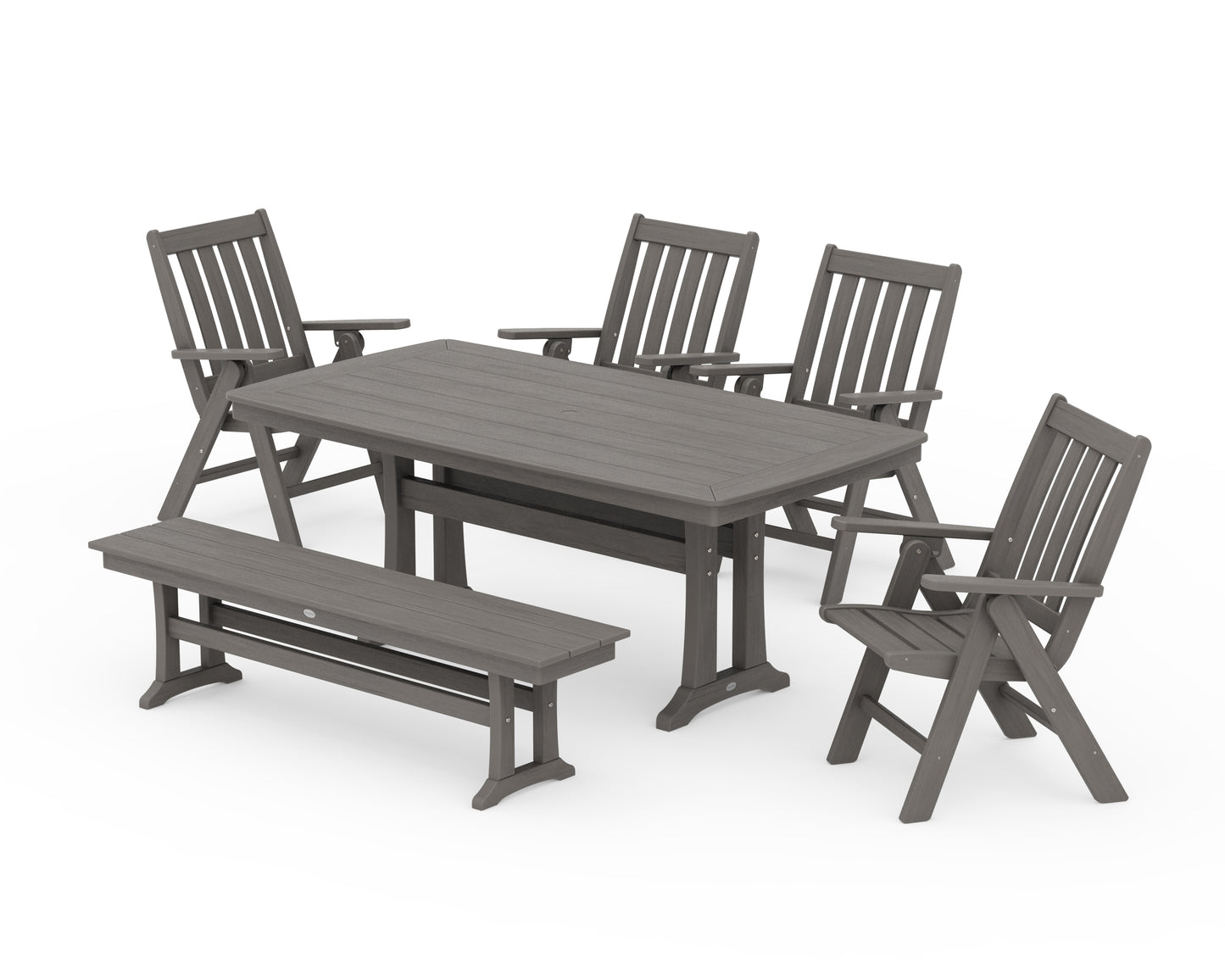 Vineyard Folding Chair 6-Piece Dining Set with Trestle Legs and Bench
