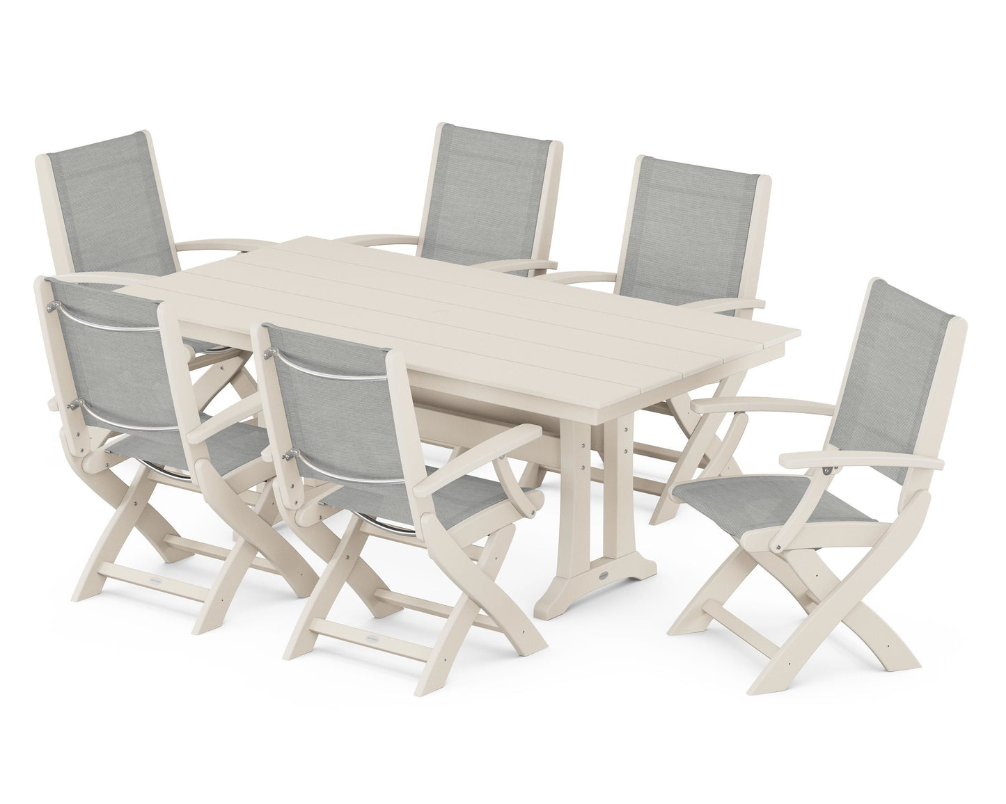 Coastal Folding Arm Chair 7-Piece Farmhouse Dining Set with Trestle Legs