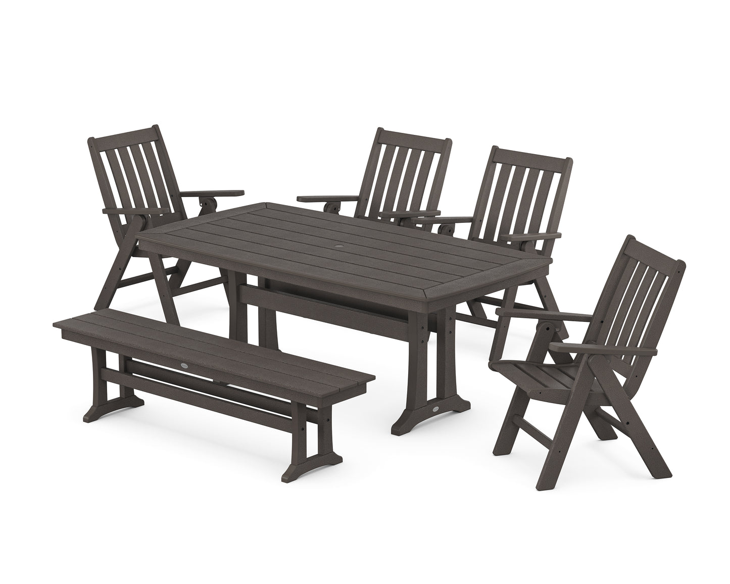Vineyard Folding Chair 6-Piece Dining Set with Trestle Legs and Bench