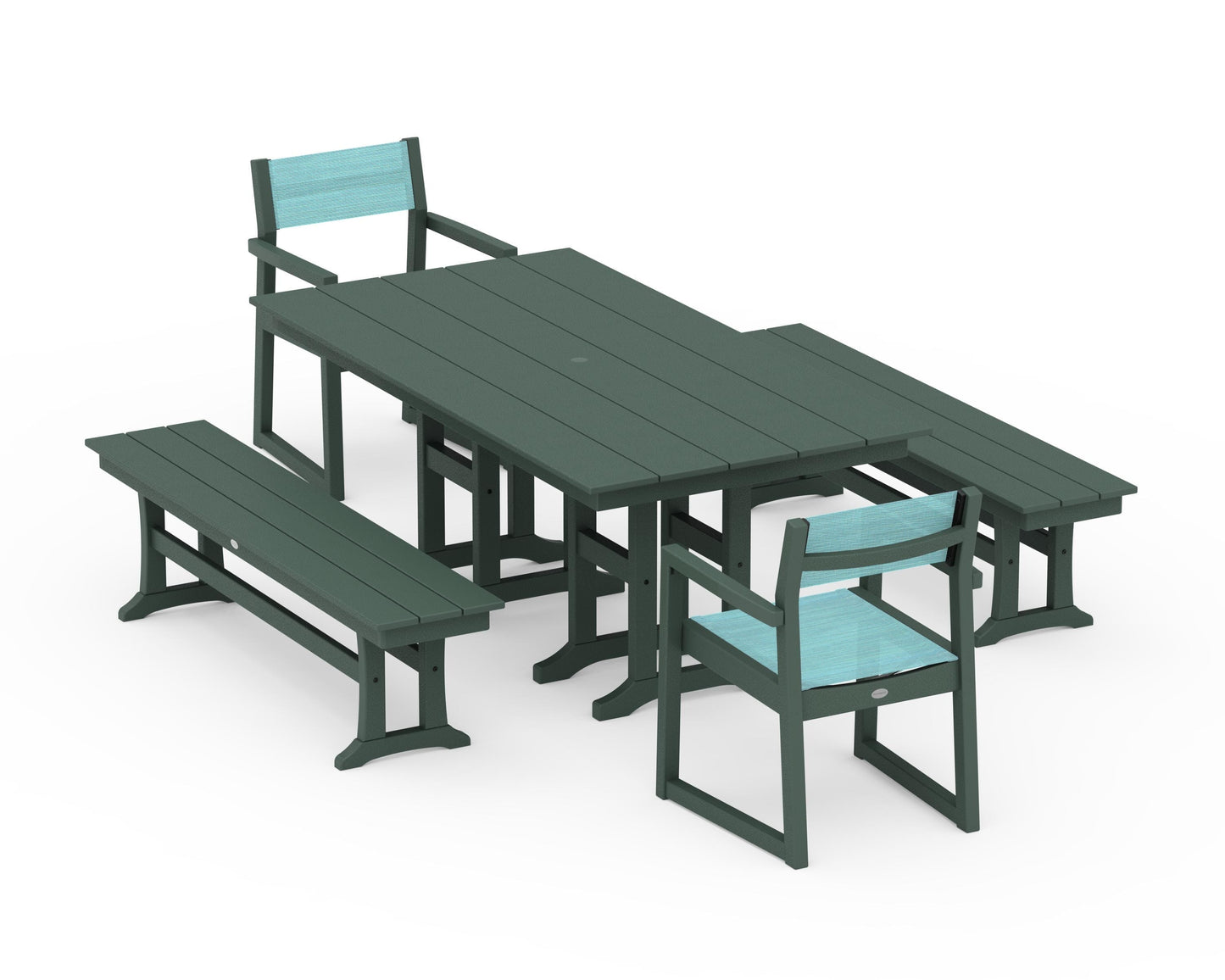 EDGE Sling Arm Chair 5-Piece Farmhouse Dining Set with Benches