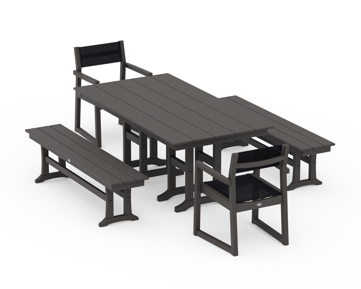 EDGE Sling Arm Chair 5-Piece Farmhouse Dining Set with Benches