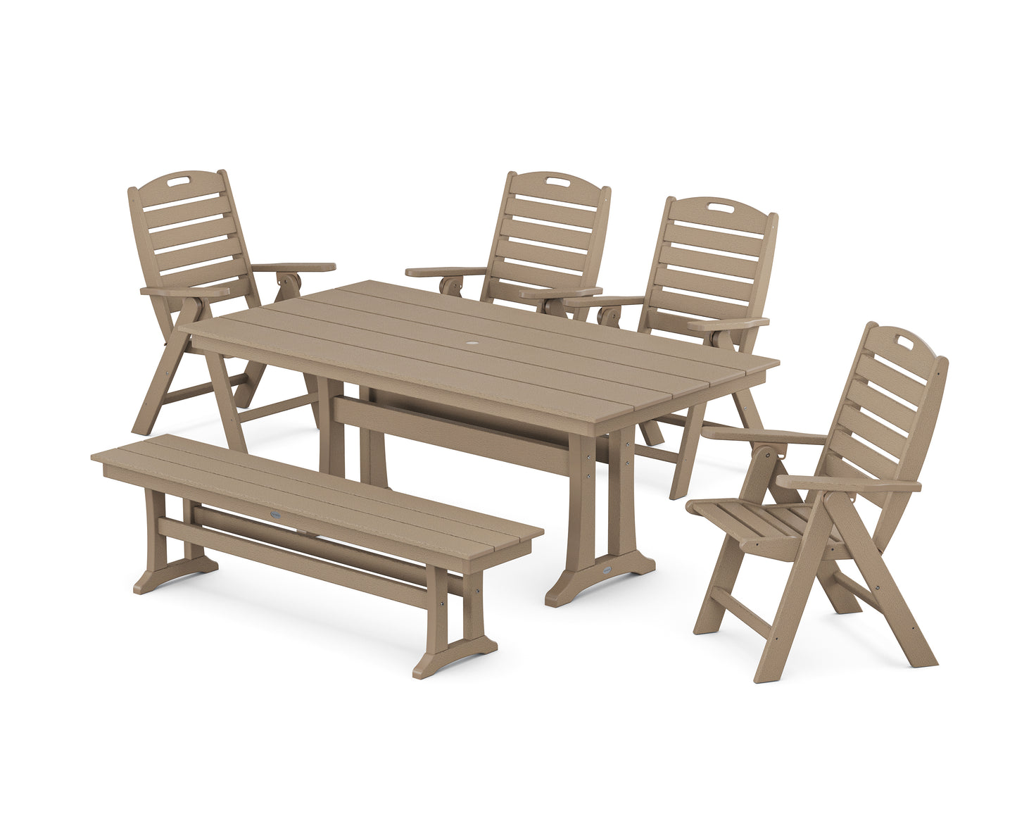 Nautical Highback 6-Piece Farmhouse Dining Set with Trestle Legs and Bench