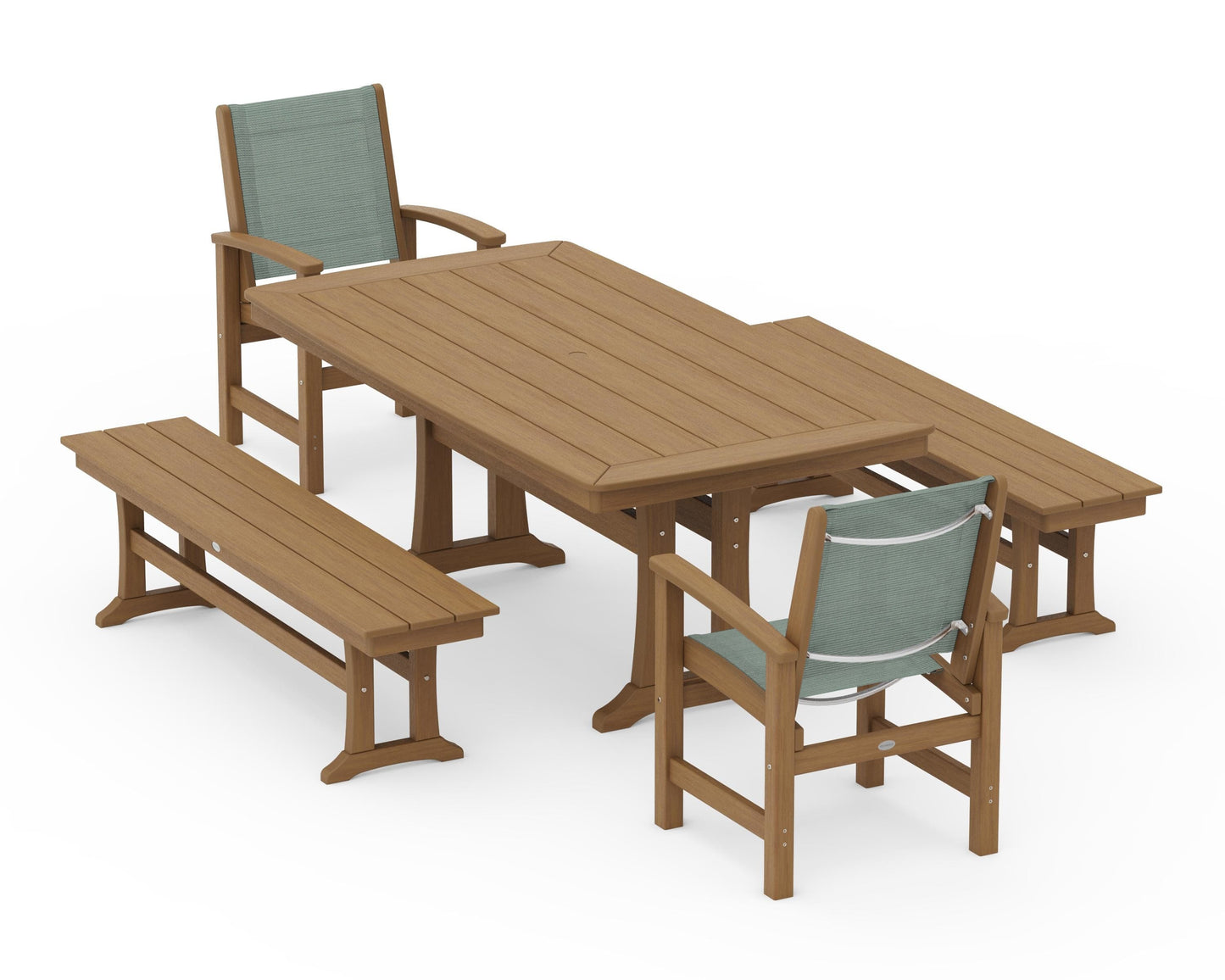 Coastal 5-Piece Dining Set with Trestle Legs and Benches