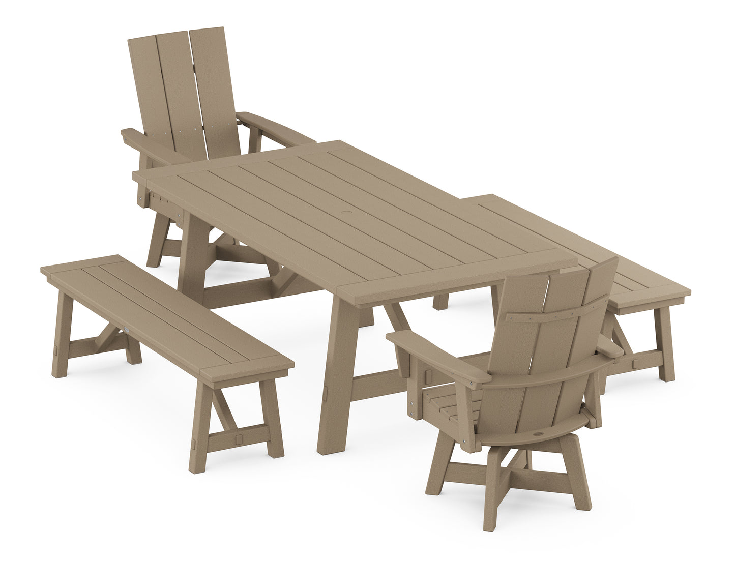 Modern Curveback Adirondack Swivel Chair 5-Piece Rustic Farmhouse Dining Set With Benches