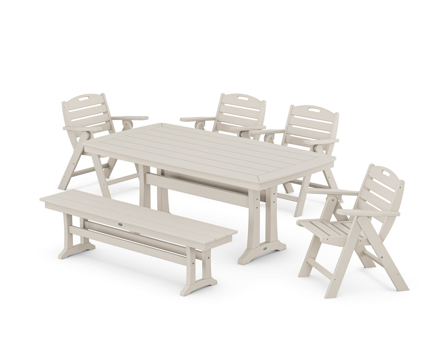 Nautical Lowback 6-Piece Dining Set with Trestle Legs and Bench