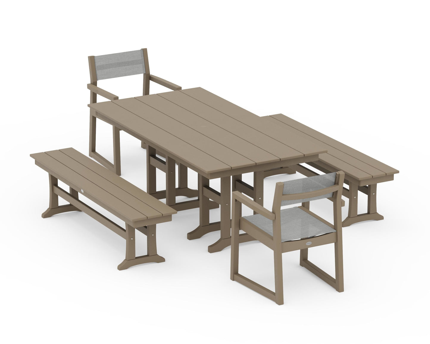 EDGE Sling Arm Chair 5-Piece Farmhouse Dining Set with Benches