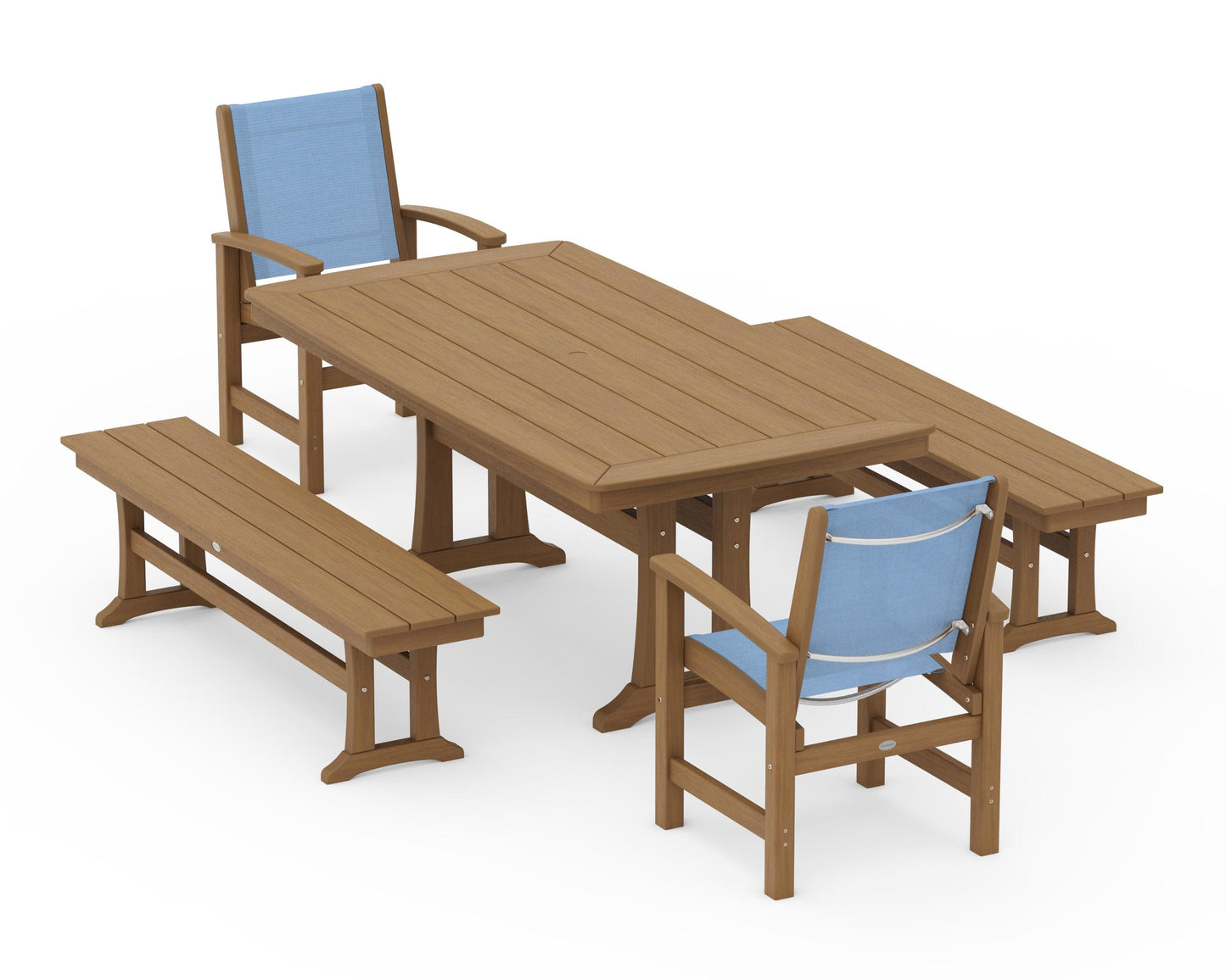 Coastal 5-Piece Dining Set with Trestle Legs and Benches