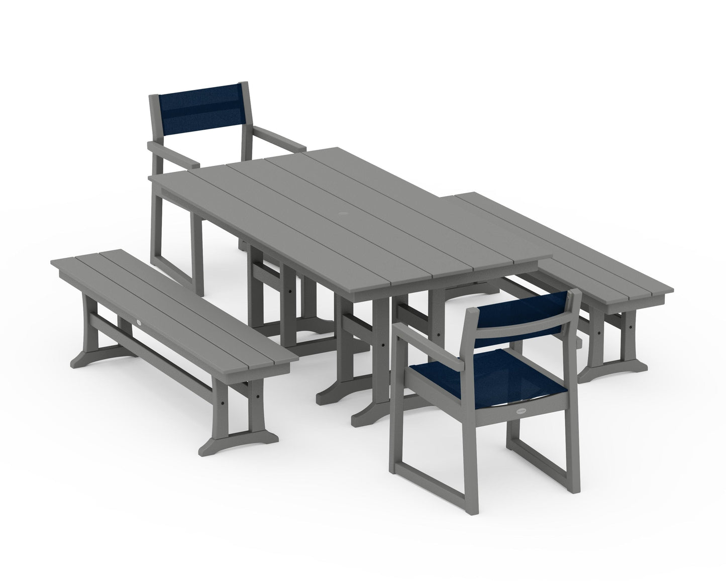 EDGE Sling Arm Chair 5-Piece Farmhouse Dining Set with Benches