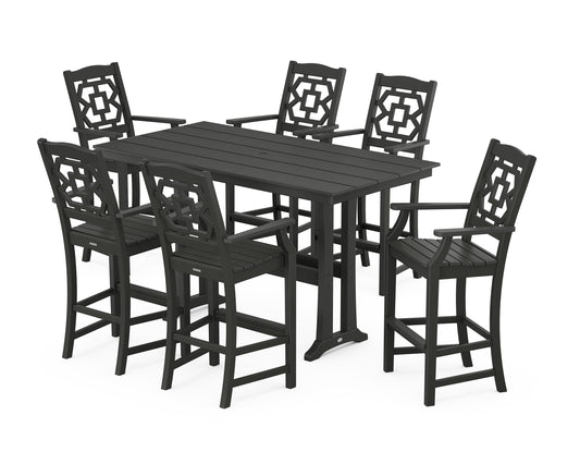 Chinoiserie Arm Chair 7-Piece Farmhouse Bar Set with Trestle Legs