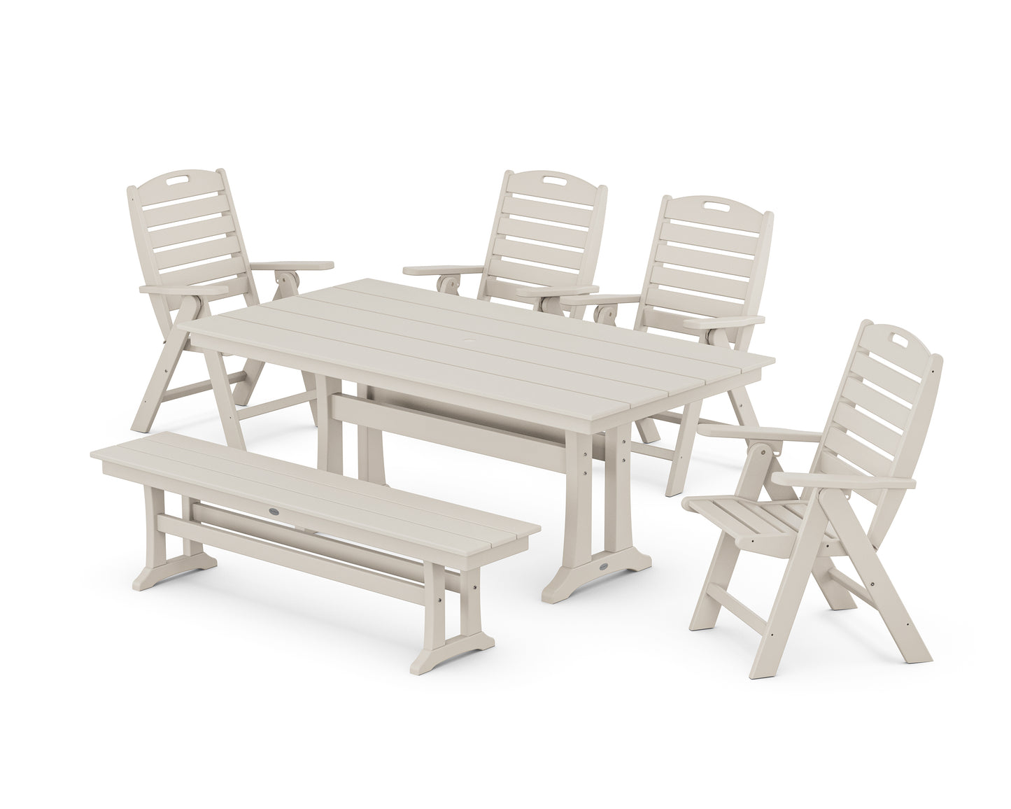 Nautical Highback 6-Piece Farmhouse Dining Set with Trestle Legs and Bench