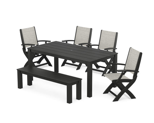 Coastal Folding Chair 6-Piece Parsons Dining Set with Bench