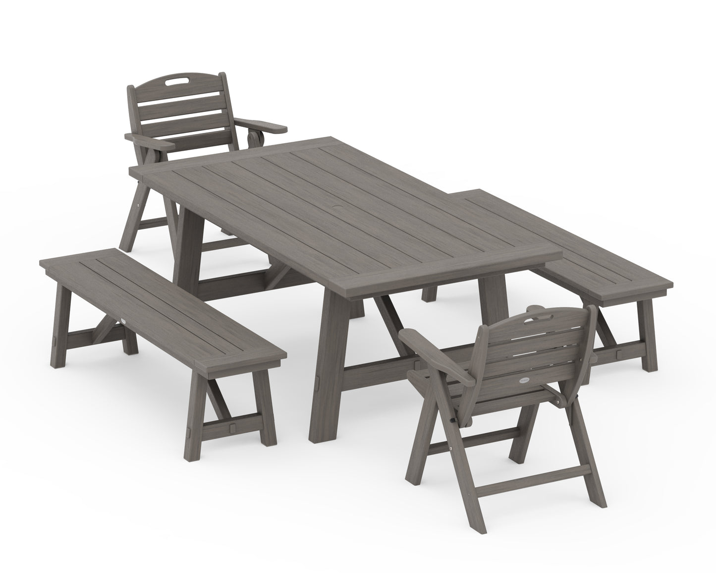 Nautical Folding Lowback Chair 5-Piece Rustic Farmhouse Dining Set With Benches
