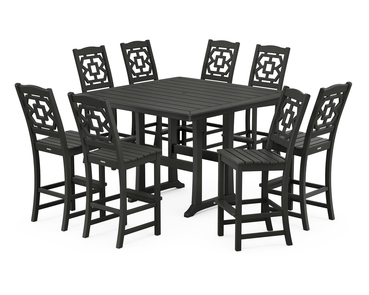 Chinoiserie 9-Piece Square Side Chair Bar Set with Trestle Legs