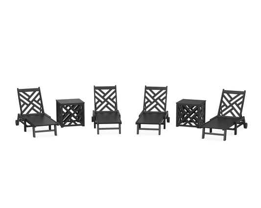 Chippendale 6-Piece Chaise Set with Wheels and Umbrella Stand Accent Table