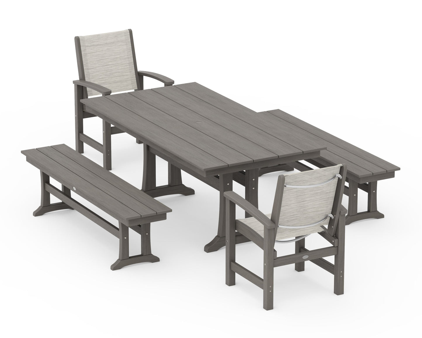 Coastal 5-Piece Farmhouse Dining Set with Trestle Legs and Benches
