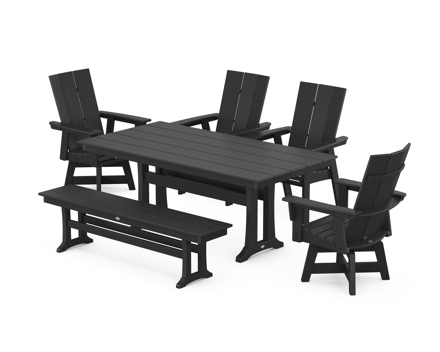 Modern Curveback Adirondack Swivel Chair 6-Piece Farmhouse Dining Set With Trestle Legs and Bench