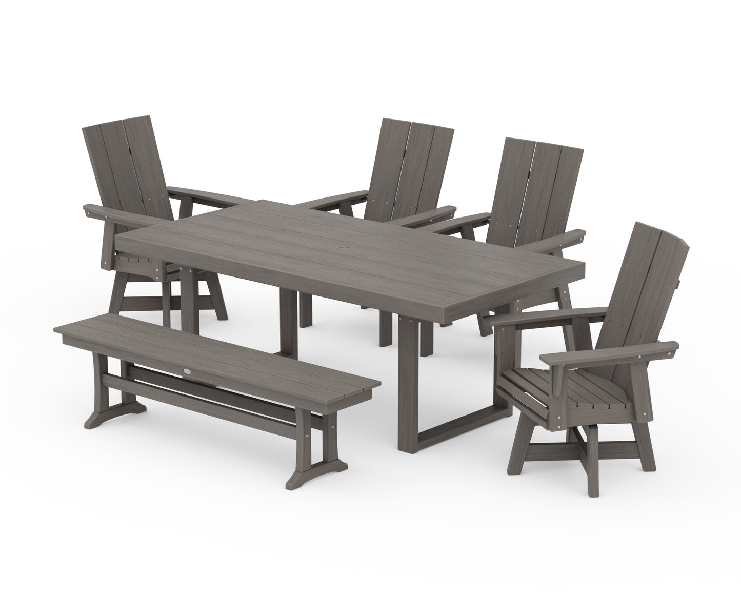 Modern Curveback Adirondack Swivel Chair 6-Piece Dining Set with Bench