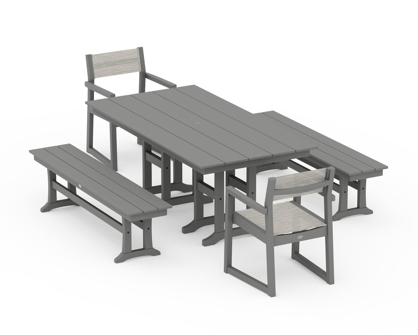 EDGE Sling Arm Chair 5-Piece Farmhouse Dining Set with Benches