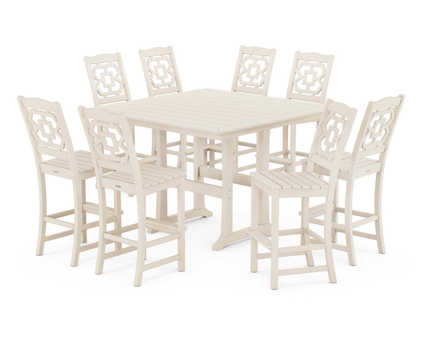 Chinoiserie 9-Piece Square Side Chair Bar Set with Trestle Legs